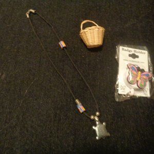 TURTLE STONE NECKLACE DOLL BASKET BUTTERFULY BADGE LOT